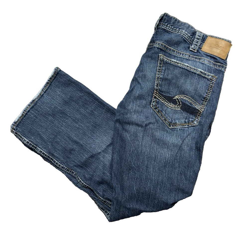 Silver Jeans Mid Rise Zac Relaxed Straight Leg Embroidered Denim Blue 38 x 30